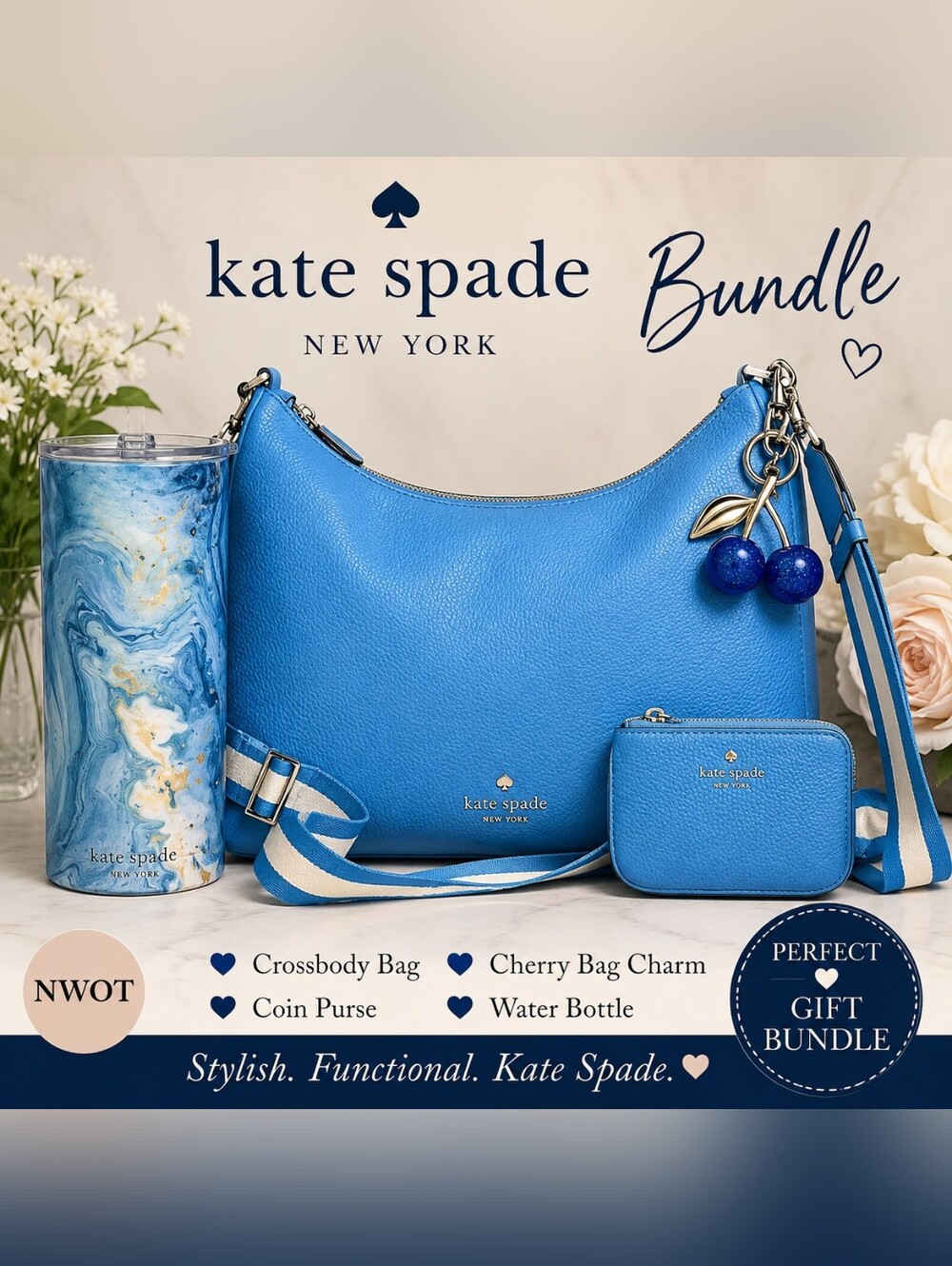 💙Kate Spade Blue Crossbody Bundle | Cherry Bag Charm, Coin Purse & Water Bottle